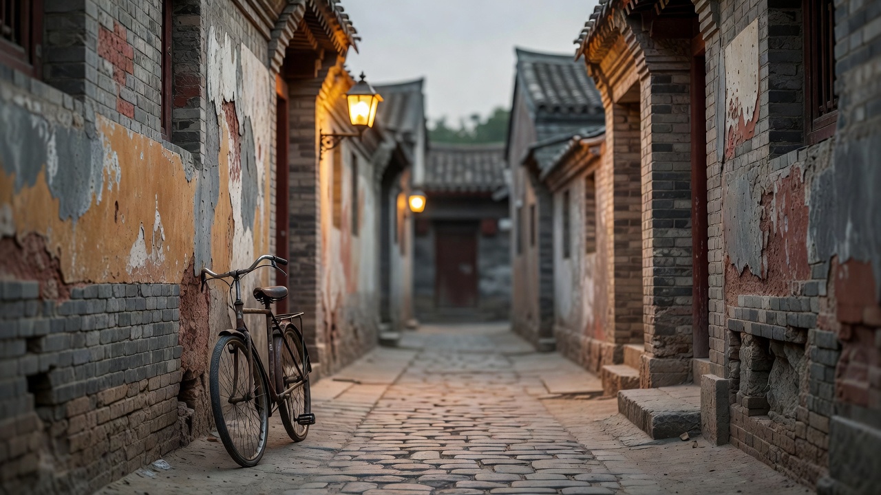 老城区巷口黄昏场景，斑驳墙面与生锈自行车，暖色路灯与青灰天色对比
