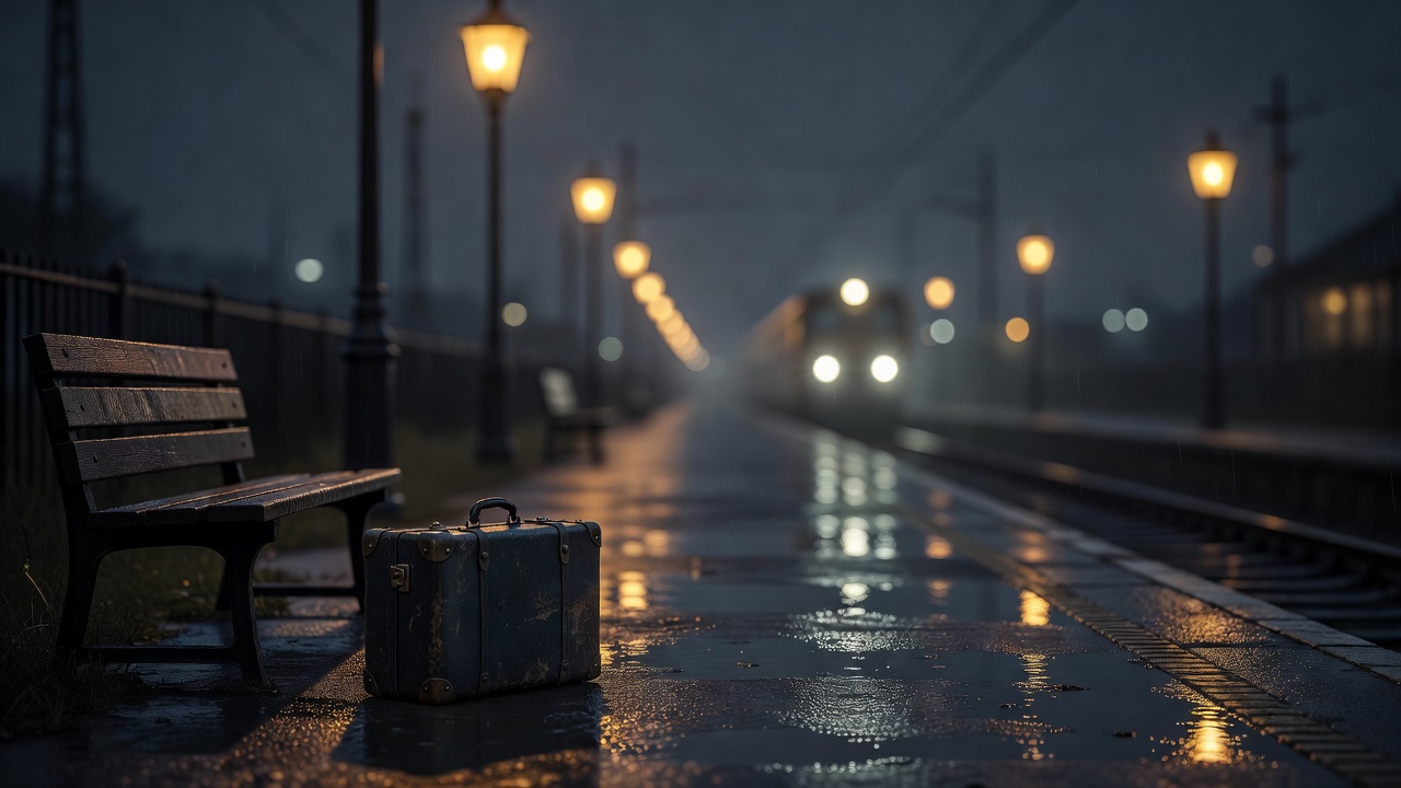 雨夜车站月台，昏黄灯光映在湿漉漉的地面上，长椅旁放着一只旧行李箱，远处列车灯光虚化